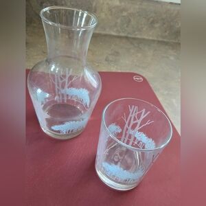 Bedside/chairside small water/beverage set with lovely silhouettes  of trees